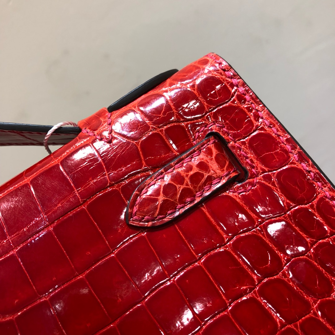 에르메스 미니 켈리백22 레드 금장 샤이니 악어가죽